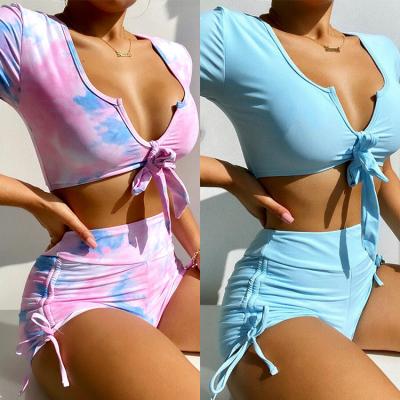 China 2021 breathable new model sexy Short Sleeve Bikini set high waist ladies two pieces swimsuit for sale