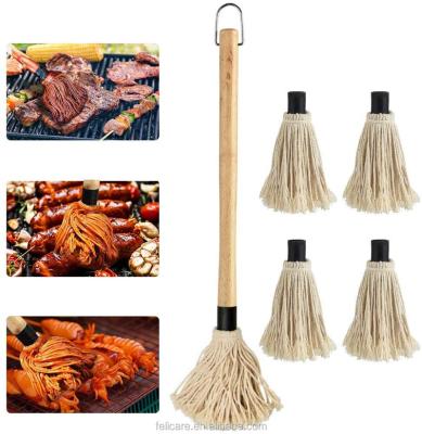 China Easily Cleaned BBQ Tool Kit Oil Sauce Brush for Grilling and Roasting Long Wooden Handle with Extra Sauce Broom Replacement Heads for sale