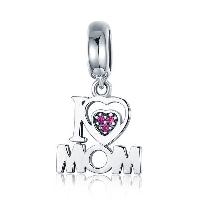 China TRENDY Gift Mother's Day Gift S925 Sterling Silver Bead With Pink CZ Love Mom Letter Charm for sale