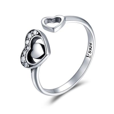 China FASHIONABLE Women's Silver 925 Cubic Zircon Ring Resizeable Rhodium Plated Hollow Heart Open Ring for sale