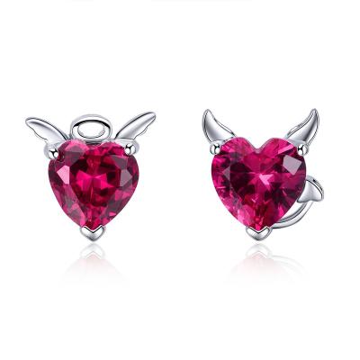 China CLASSIC Silver Wine Red Zircon Earing Heart Women Stud Earring Sterling Angel Earrings With Devil Heart for sale