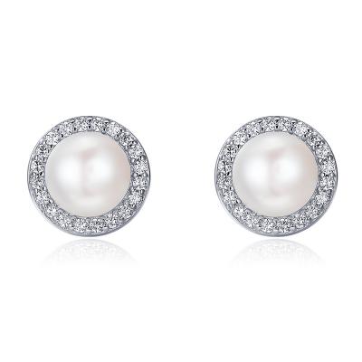 China Trendy Gemstone Cubic Zircon Stud Earring Cultured Freshwater Pearl Stud Earrings 925 Sterling Silver for sale