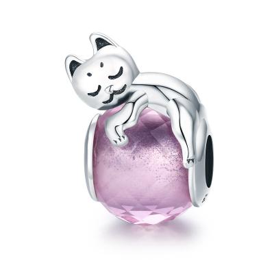 China Kid FASHIONABLE Tasty Cute Animal Beads S925 Sterling Silver Round Pink Ball Cat Charms for sale