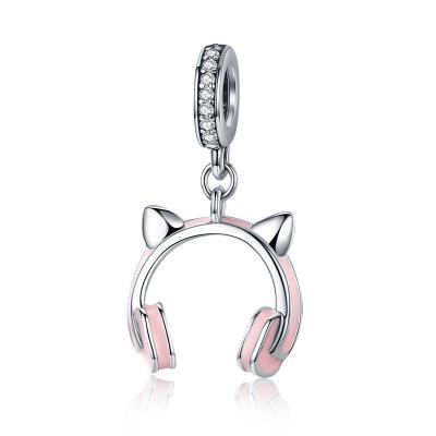 China FASHIONABLE Girl's Cute Gift S925 Sterling Silver Cat Head Shaped Pink Earphone Charm Beads for sale