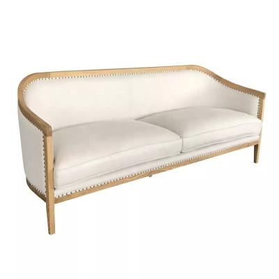 China MRS WOODS Style Wooden Frame Slope Arm Sofa Love Seat With Oak Handmade French White Upholstered Legs for sale