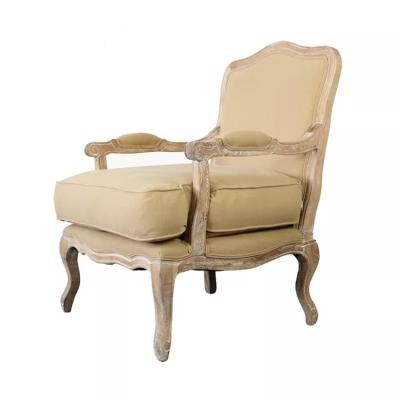 China MRS WOODS Handmade French Style Louis Tufted Linen Futon Armchair Solid Oak Wood Legs Accent Hotel Chair for sale