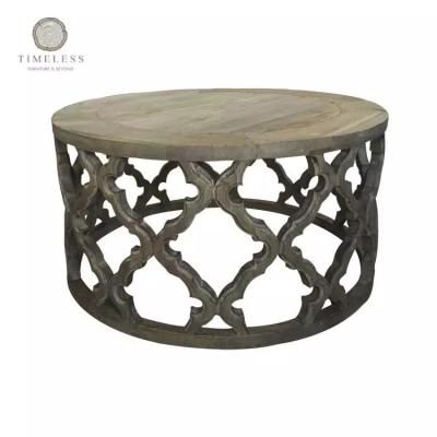 China MRS WOODS Event Handmade Rental Antique Style Reclaimed Elm Wood Hand Carved Quatrefoil Coffee Table for sale