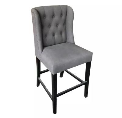 China French Mrs. Woods French Retro Style Gray Linen Tufted Back High Nail Bar Wood Chair for sale