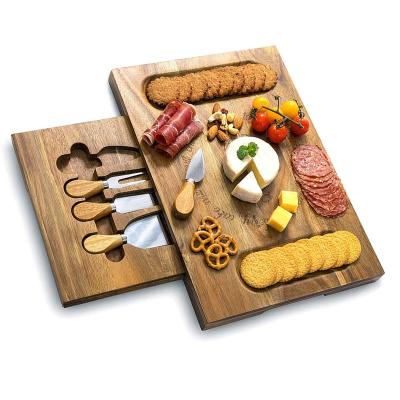 China Disposable Bamboo Wooden Acacia Chopper Cheese Cutting Board Set With Trays Containers Drawer Wooden Choppers For Kitchen for sale