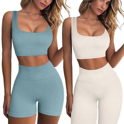 China 2022 Most Popular Wholesale Nylon Seamless Gym Wear Women Yoga Fitness Sports Women Ribbed Set Breathable 2 Piece Set Breathable for sale