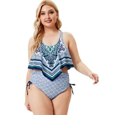 China New Retro Tendril Breathable Bandana Print Top Sexy Ruffle High Waist Split Large Plus Size Swimsuit Bikini For Fat Women for sale