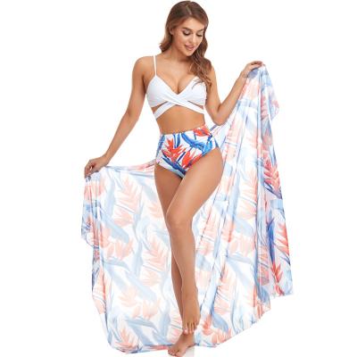 China 2022 Wholesale Breathable 3 Pieces Set Sarongs Beach Wrap Skirt Women Sexy Swimsuit Bikini With Mesh Beach Blouses Cover Up for sale