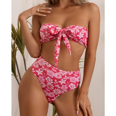 China 2022 New Fashion Retro Floral Printing Designer Bandeau Bikini Top Swimwear Red Sexy Tube Women Swimsuit Strapless for sale