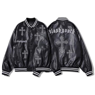 China Streetwear Reversible Cross Pattern Plus Size Rhinestone Bubble Letterman Varsity Men's Unisex PU Leather Jacket for sale