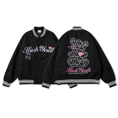 China Breathable Custom Bear Logo Retro Couple Leopard Print Harajuku Letterman Varsity Loose Jacket for sale