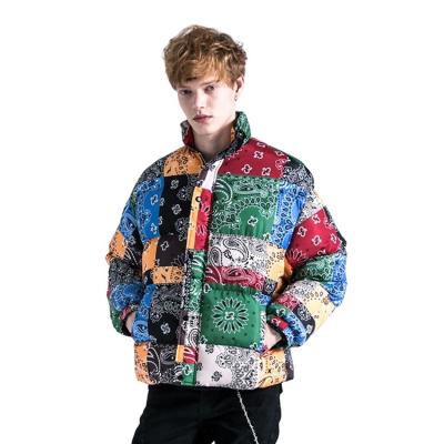 China Couple Reversible Oversized Print Contrast Color Outdoor Warm Winter Hip Hop Quilted Striper Padded Men's Jackets Coat for sale