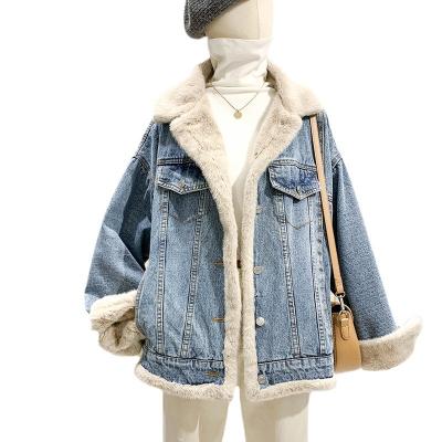 China OEM Custom High Quality Double Quilted Double Sided Blue Winter Collared Faux Fur Girl Women Coat Denim Jean Jacket With Fur for sale