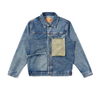 China 2021 Ins Style Breathable Vintage Tie Solid Wash Dye High Street Splice Blue Mens Denim Jean Jacket for sale