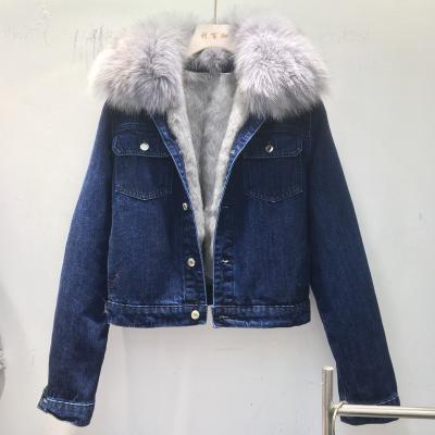 China 2021 New Reversible Soft Plush Embroidery Artificial Wool Girl Short Blue Women Jean Denim Rabbit Fur Jacket for sale