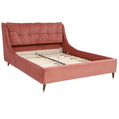 China Hot Wholesale Modern Soft Storage Storage Headboard Wooden Legs Upholstered Pink Fabric Velvet Bed Frame for sale