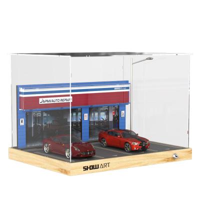 China Handmade diy solid wood model parking acrylic storage box repair shop scene garage 1:32 wooden car model for sale