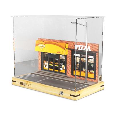 China Solid wood model 1:32 car display box pizzeria scene garage model wooden acrylic car parking lot model for sale