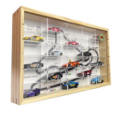 China 1:64 parking lot car model solid wood model display box decoration acrylic wall mounted wooden model for sale