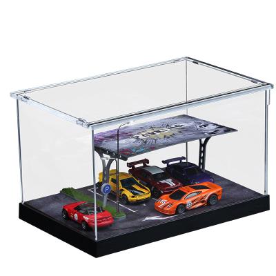 China Handmade diy solid wood model acrylic car display box parking lot scene garage parking model 1:64 wooden car model for sale