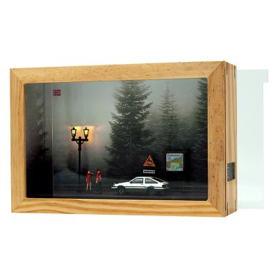 China Handmade diy ethereal model acrylic car display box forest photo frame solid wood garage parking model 1:64 wooden car model for sale