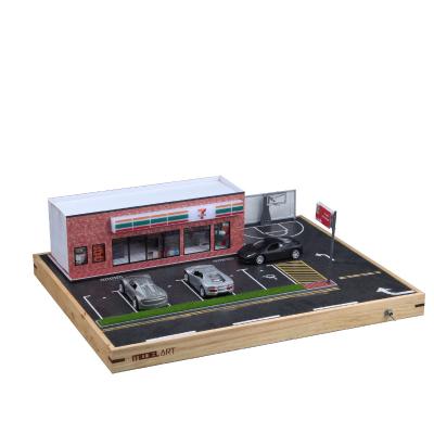 China Handmade diy solid wood model acrylic car display box grocery scene garage parking model 1:64 wooden car model for sale