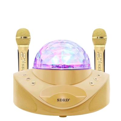 China Phone Function SD-308 Speaker 30W High Power Wireless Family KTV Singing Wireless Dual Chorus Dual Microphone With Magic Ball Light for sale