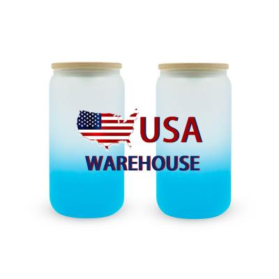 China Sustainable USA Warehouse Frosted Gradient 16oz 20oz Color Beer Juice Soda Shaped Sublimation Glass Can With Bamboo Lid And Plastic Straws for sale