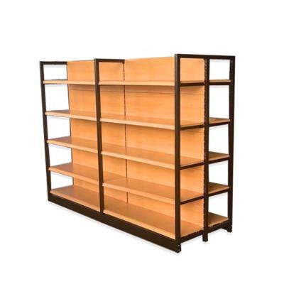 China New Style Double-Sided Wood And Metal Supermarket Material Gondola Wooden Shelf Rack for sale