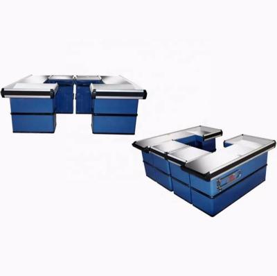 China Direct Retailer Shops Factory Sake Metal Supermarket Retail Checkout Counter With Conveyor Belt for sale