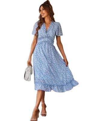 China 2022 Anti-wrinkle Fashion Ladies Floral Casual Short Sleeve Midi Dress Dreamy Bohemian Dress For Women for sale