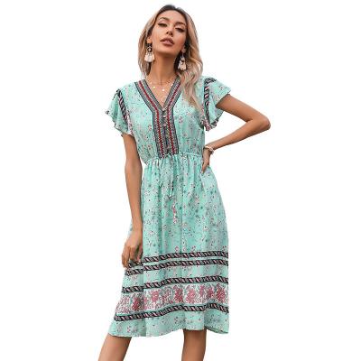 China 2022 Summer Floral Print Casual V-neck Dress Women Viable Short Sleeve Dresses Lace Up Boho Dress for sale