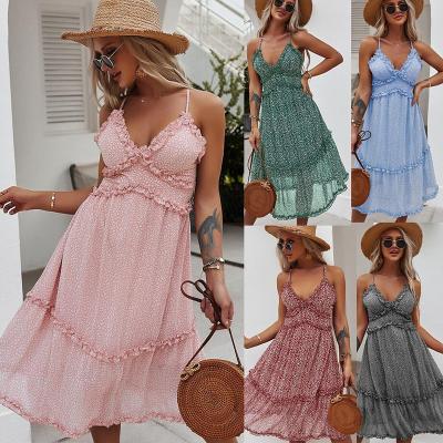 China 2022 Summer Beach Casual Women Women V Neck Ruffle Anti-Static Sexy Spaghetti Tie Up Chiffon Maxi Floral Bohemian Dress for sale