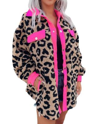 China Anti-Wrinkle Balanced Leopard Teddy Coats Women Shacket Fleece Jacket New 2022 Winter Patchwork Contrast Neon Pink Fashionable for sale