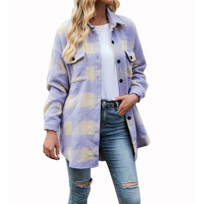 China Reversible 2022 Autumn And Winter New Straight Lapel Ladies Long Sleeve Plaid Flannel Shacket for sale