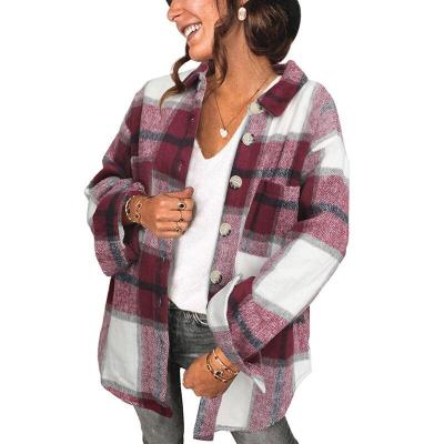 China Reversible Plaid Blouse Plus Size Single Breasted Pocket Women Loose Casual Plaid Shacket Jacket for sale