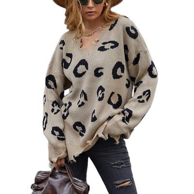 China New Autumn Winter Leopard Print Women Anti-pilling Sweaters Hand Cut Tassel Long Sleeve Knitted Sweater Loose Breathable Pullovers Tops for sale