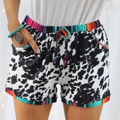 China Anti-wrinkle 2022 Women Summer Color Block Casual Shorts Cheetah Leopard Print Serape Trim Western Drawstring Shorts for sale