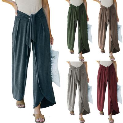 China 2022 Stylish Loose Pants Anti-wrinkle Tie Waist Women Knitted Casual Splicing Wide Leg Long Pants Custom Made Plus Size for sale