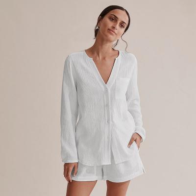 China 2022 New Breathable Crepe V Collar Nightgown Long Sleeve Spring Shorts Cotton Simple Casual Fashion Dress White Home Women's Suit for sale