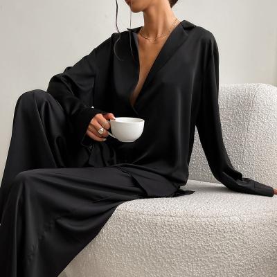 China Customized Breathable Solid Color Leisure Tracksuit Sleepwear Set French Elegant Sexy Satin Luxury Pajamas for sale