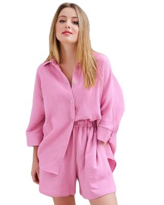 China Autumn new women's wear breathable a row of button cardigan shorts sets temperament solid color lounge wear two-piece set for sale