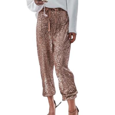 China 2022 New Anti-wrinkle Ladies Party Sequin Pants Ruffle High Waist Trousers Ankle Banded Lounge Pant Women for sale