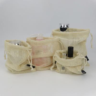 China Custom Eco Friendly Small Drawstring Washable Shopping Organic Cotton Mesh Bag for sale