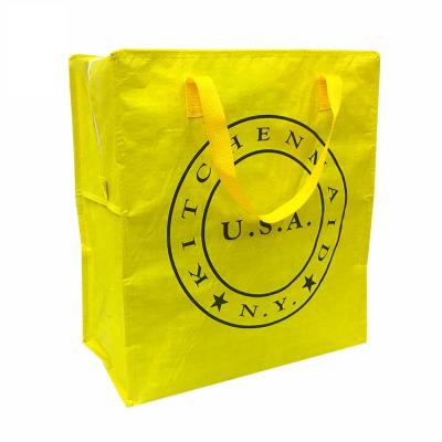 China Yellow Moisture Proof Reusable Woven Shopping Tote Bags With Zipper for sale