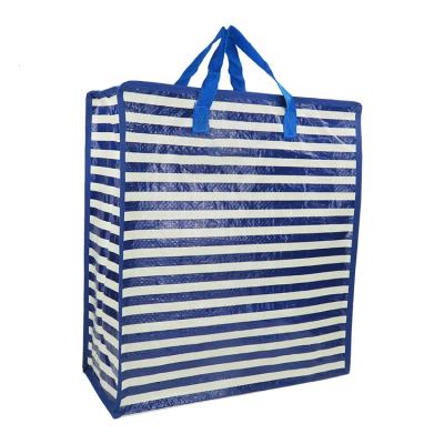 China Reusable Travel PP Woven Custom Blue And White Stripes OEM/ODM Customized Tote Bags With Zipper for sale